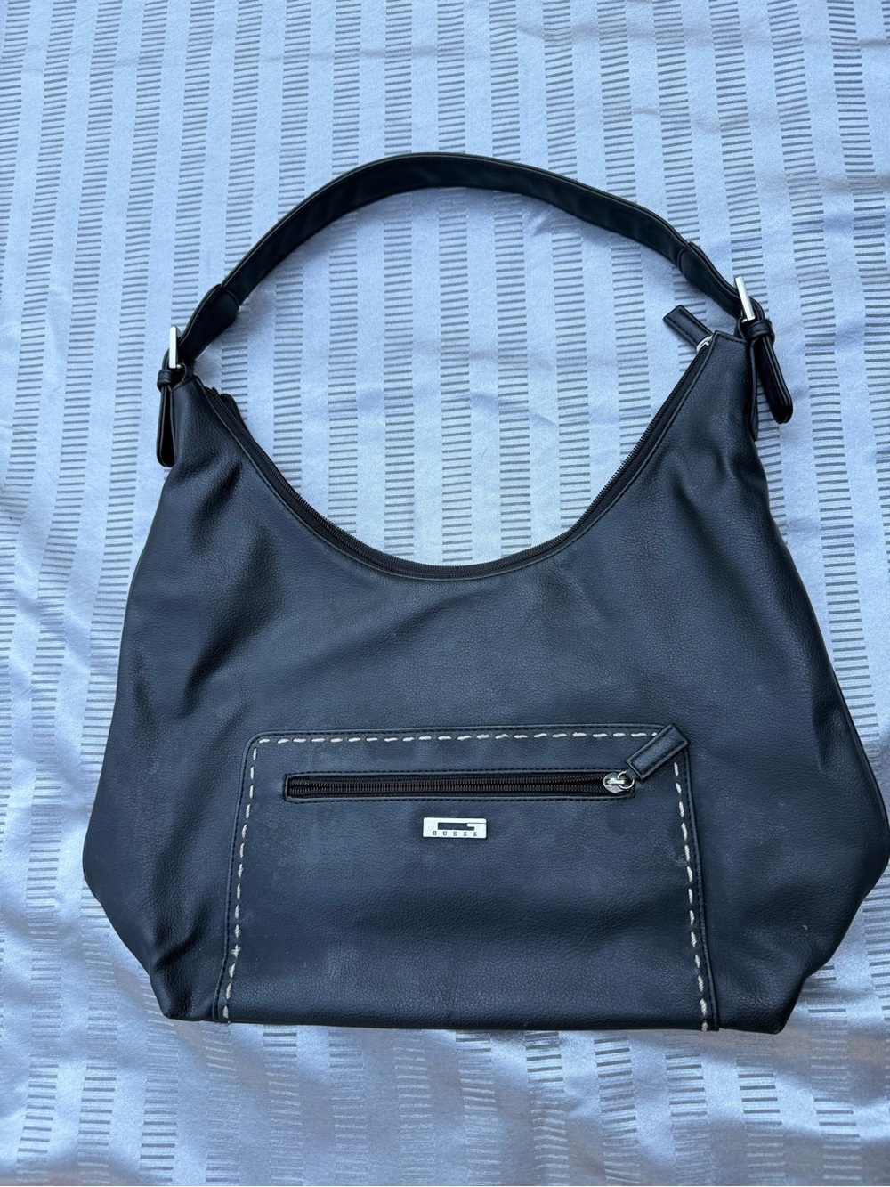 Guess Black Hobo Shoulder Bag – Front Zip Pocket, Silver Hardware